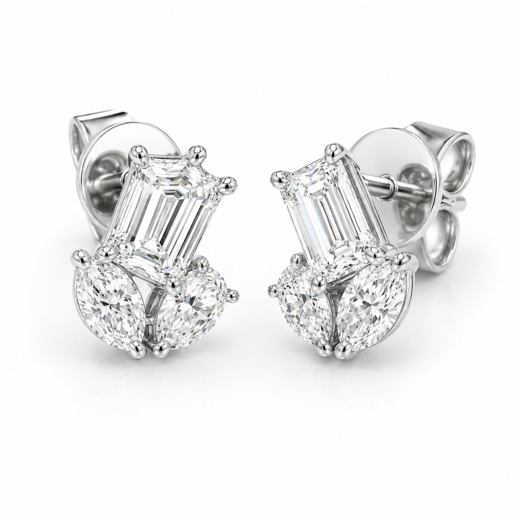 14K White Gold Multi-Shape Lab Grown Diamond 3-Stone Earrings – 1.16 CTW